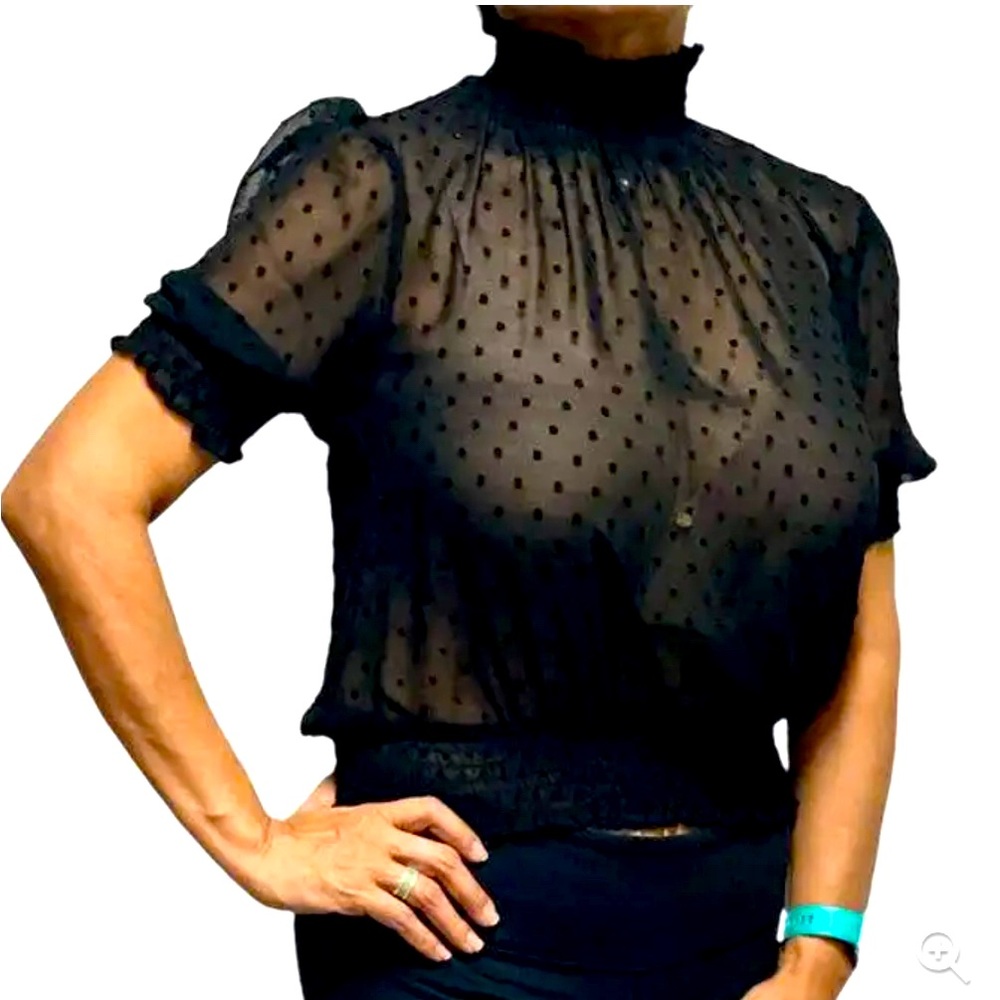 Meraki Large sheer see through polka dot mock neck blouson blouse